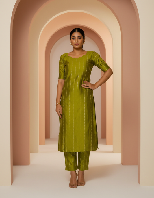 Olive Green Zari-Striped Kurti Co-ord Set full image