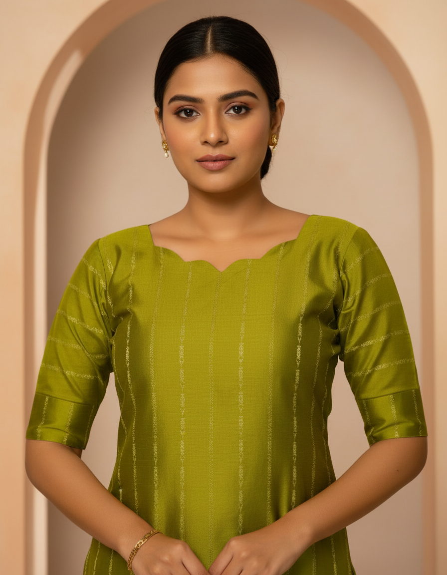 Olive Green Zari-Striped Kurti Co-ord Set neck image