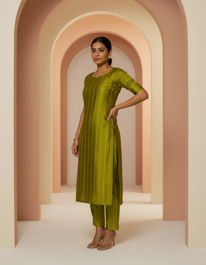 Olive Green Zari-Striped Kurti Co-ord Set full image 2