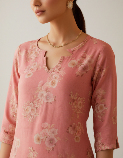 Pretty Pink Floral Print Straight-Cut Kurti neck image