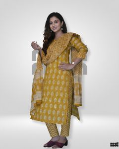Mustard Yellow Block Print Cotton Kurti Set with Dupatta full image