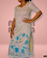 Elegant Cream and Blue Floral Print Straight-Cut Kurti full image