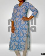 Sky Blue & White Floral Print 3/4 Sleeve Kurti full image thumbnail